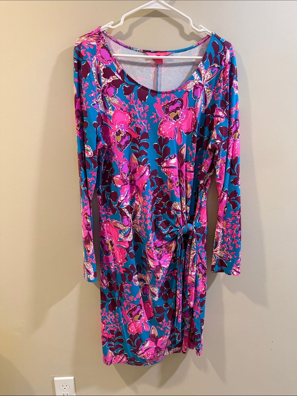 Lilly Pulitzer Teal & Hot Pink Floral Long-Sleeve Tie-Waist Dress